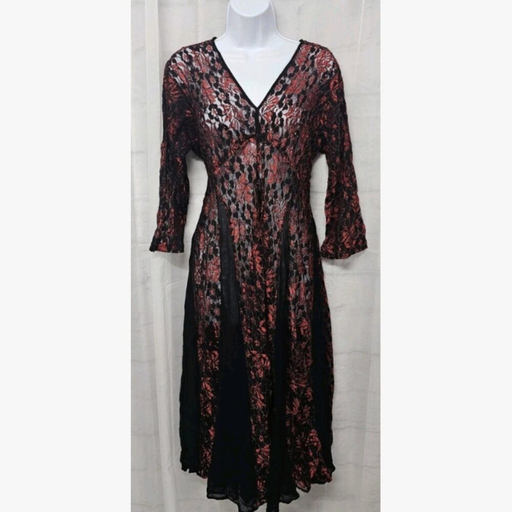 Lola P. Black Red Lace Midi Dress Sheer Floral Witchy Goth Boho Gypsy S M L Rare